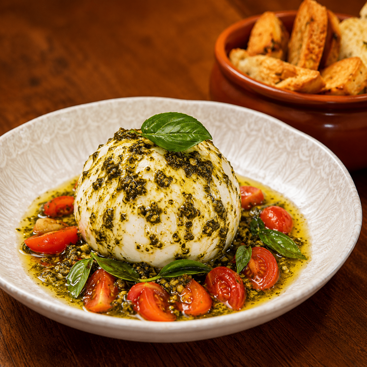 Burrata ao Molho Pesto com Torradas